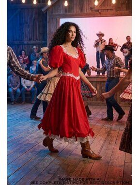 VTG 70s Handmade Prom Dress M Puff Sleeves Square Dance Rockabilly Formal